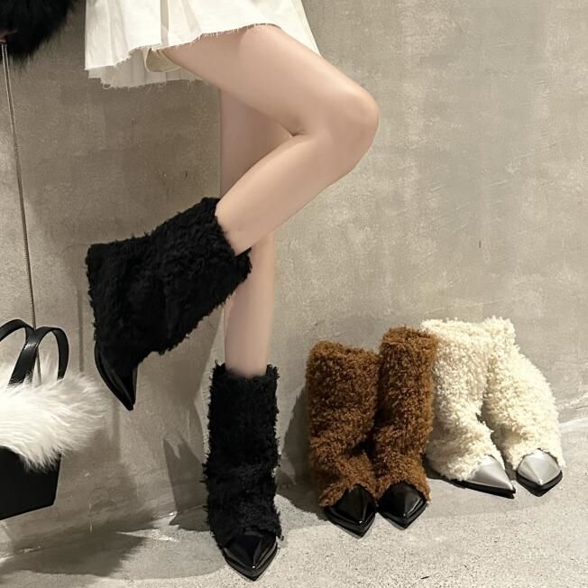Niche Teddy Fur Genuine Leather Fashion High Heel Boots for Women 2024 Autumn/Winter New Pointed High Tube Women's Snow Boots