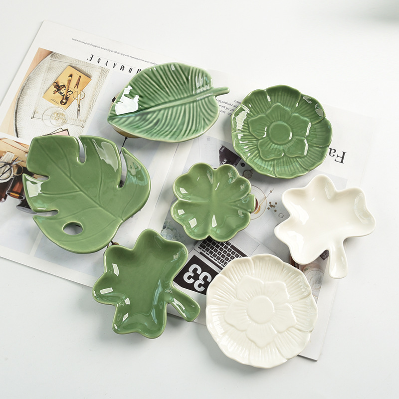 Cross-border Ceramic Simple Nordic Home Soft Green Clover Leaf Tray Cosmetics Jewelry Storage Tray Ornaments