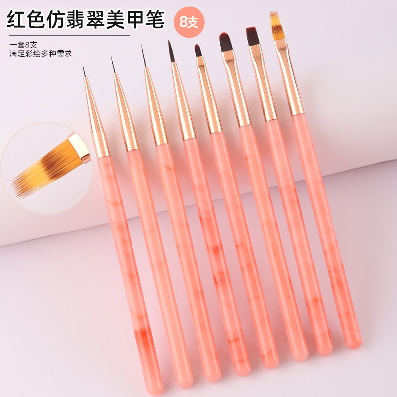 Cross-Border New Manicure Tool Brush Set Red Imitation Jade Stem Flat Head Phototherapy Pen Autumn Chrysanthemum Pen Pull Line Pen Cross-Border New Manicure Tool Brush Set Red Imitation Jade Stem Flat Head Phototherapy Pen Autumn Chrysanthemum Pen Pull Line Pen