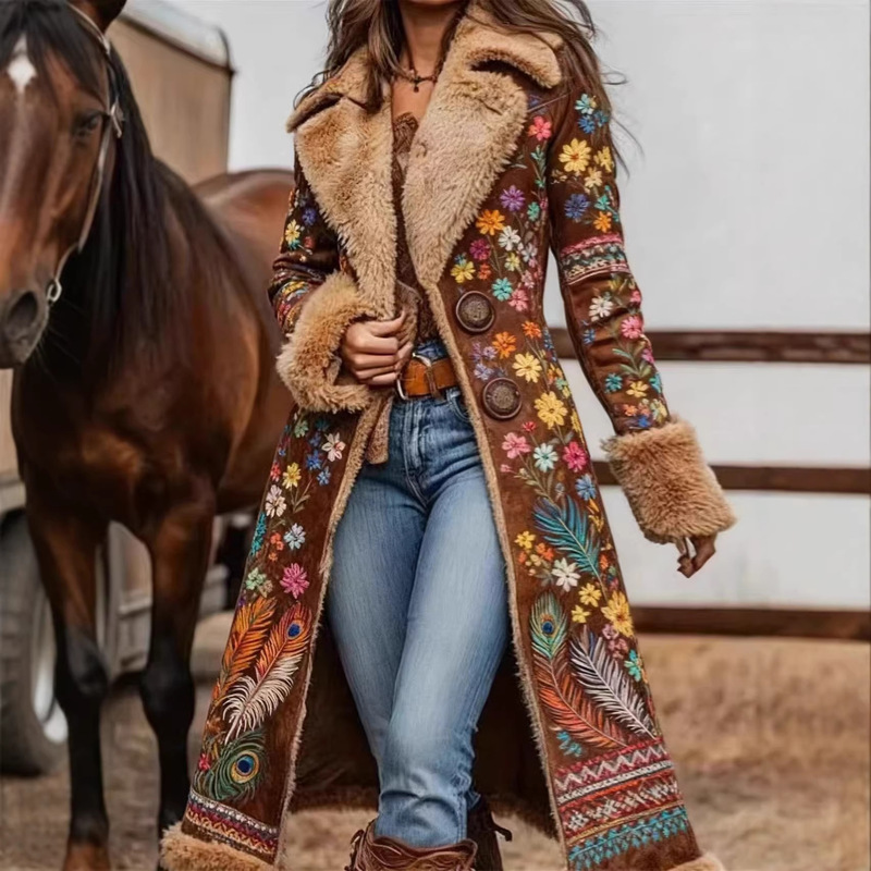 In-Stock Amazon Cross-Border European and American Retro Denim Women's Western-Style Trench Coat, Plush Autumn and Winter Fashion Printed Long Coat
