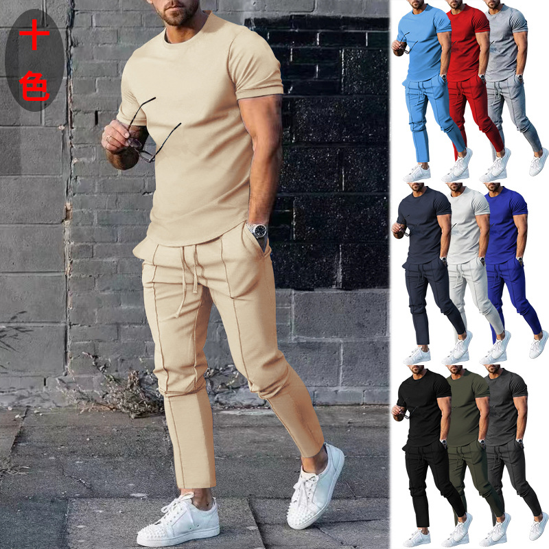 European and American Export Men's Clothing Suit Men's 2023 Spring and Summer Two-Piece Short-Sleeved T-Shirt Casual Fashion Men's Pants Suit