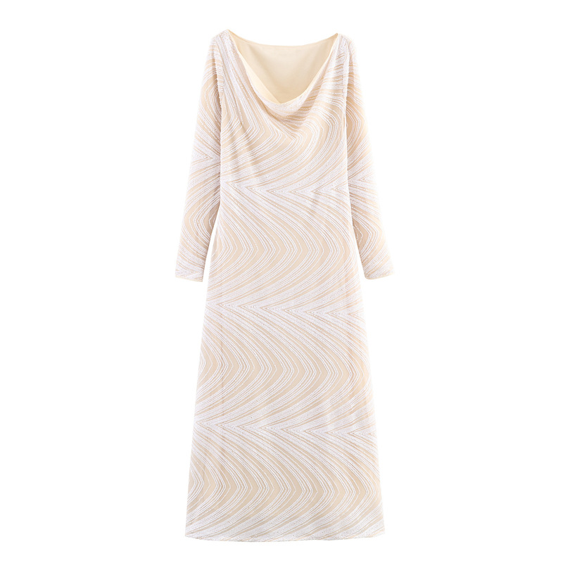 European and American Fashion Foreign Trade Wholesale Sexy Elegant Line Sequin Long-Sleeved Slim Long Skirt Swing Collar Light Luxury Evening Dress