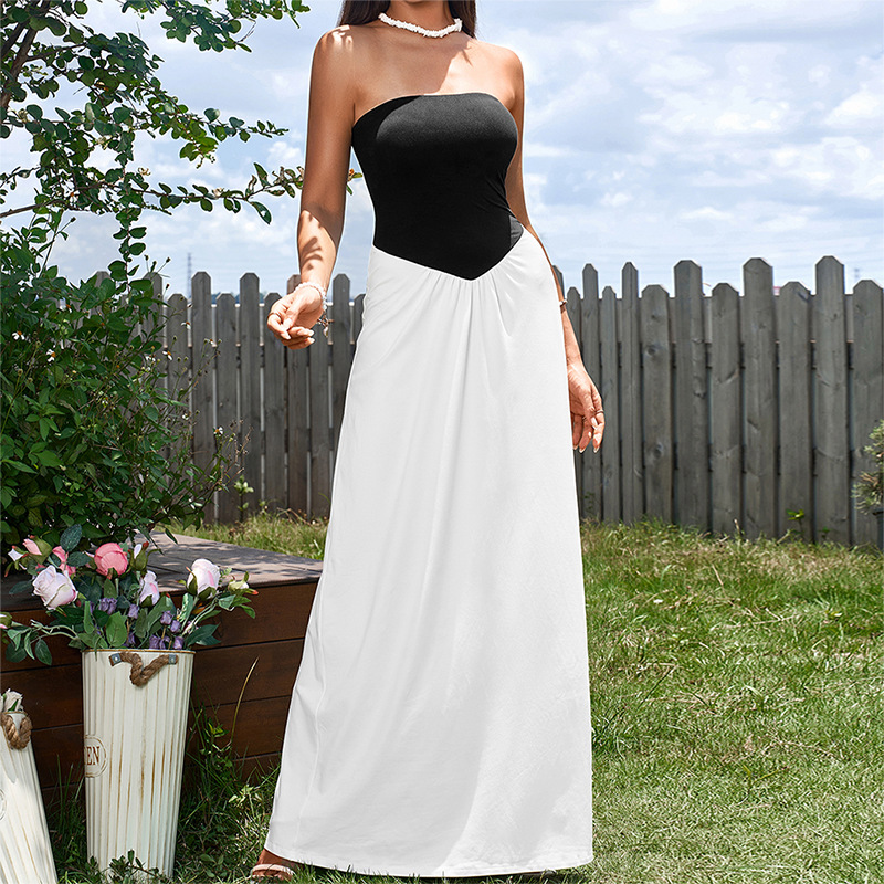 Cross-border foreign trade strapless dress Europe and the United States sexy backless black and white color matching hip long dress dress dress