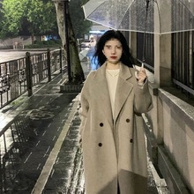 秋冬季中长款过膝小香风毛呢外套女上档次粉色小个子呢子大衣