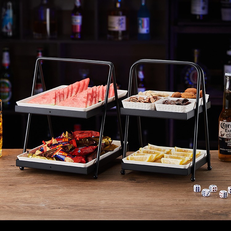Soporte de bandeja de frutas de doble capa, bandeja de frutas secas de cuatro cuadrados, bar KTV, bocadillos creativos comerciales, bocadillos, escaleras multicapa