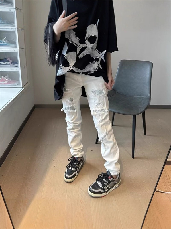 高街白钻潮牌轻奢破洞补丁烫钻水洗磨破刮烂男女牛仔裤修身小直筒|undefined