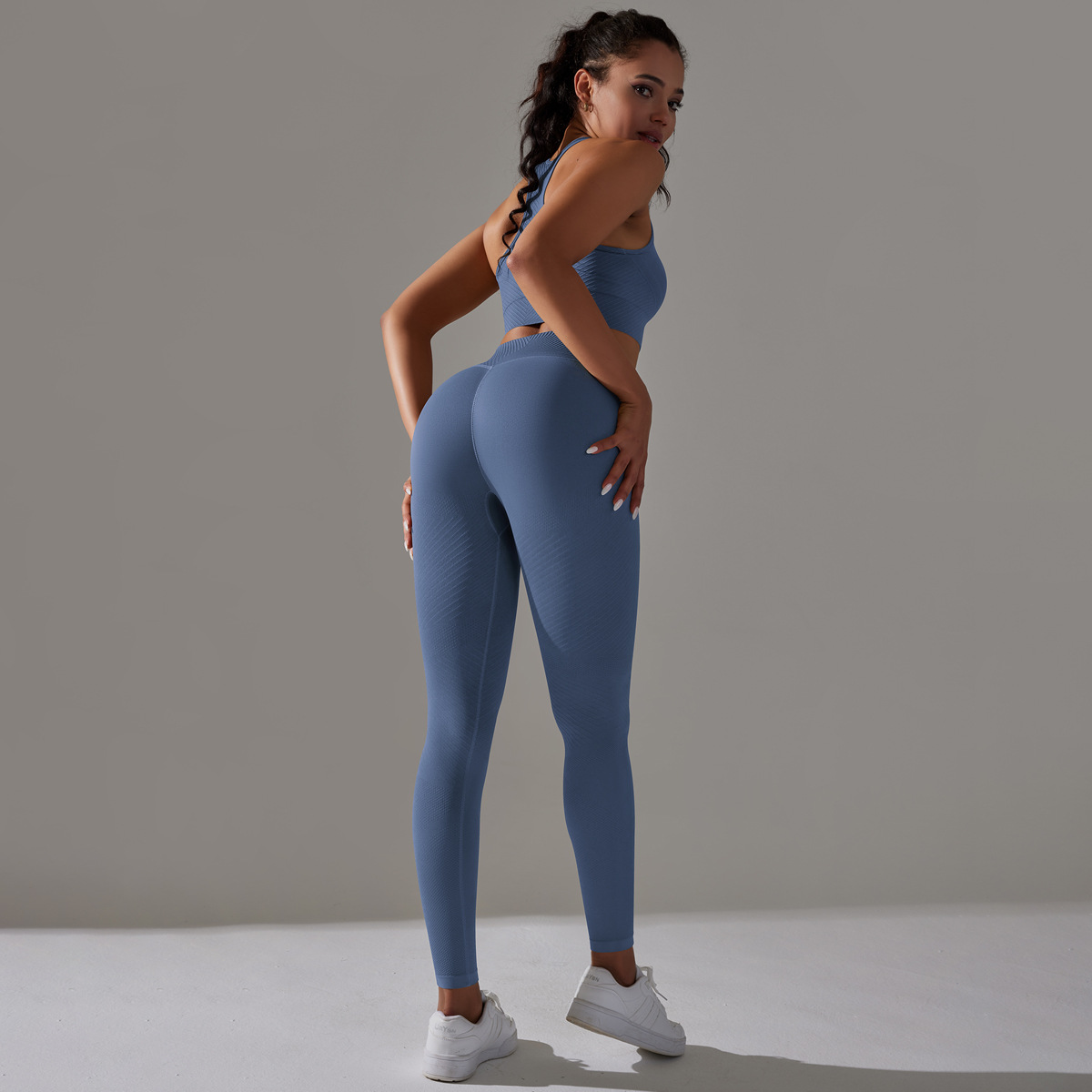 Women's Clothing solid color striped breathable high elastic yoga clothing set sports fitness vest trousers two-piece set_voghion.com