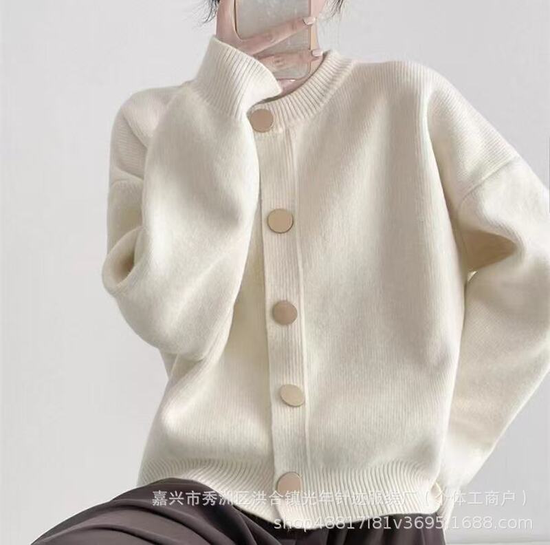 温柔风毛衣外套女韩版宽松慵懒纯色针织开衫圆领长袖休闲外搭上衣|undefined