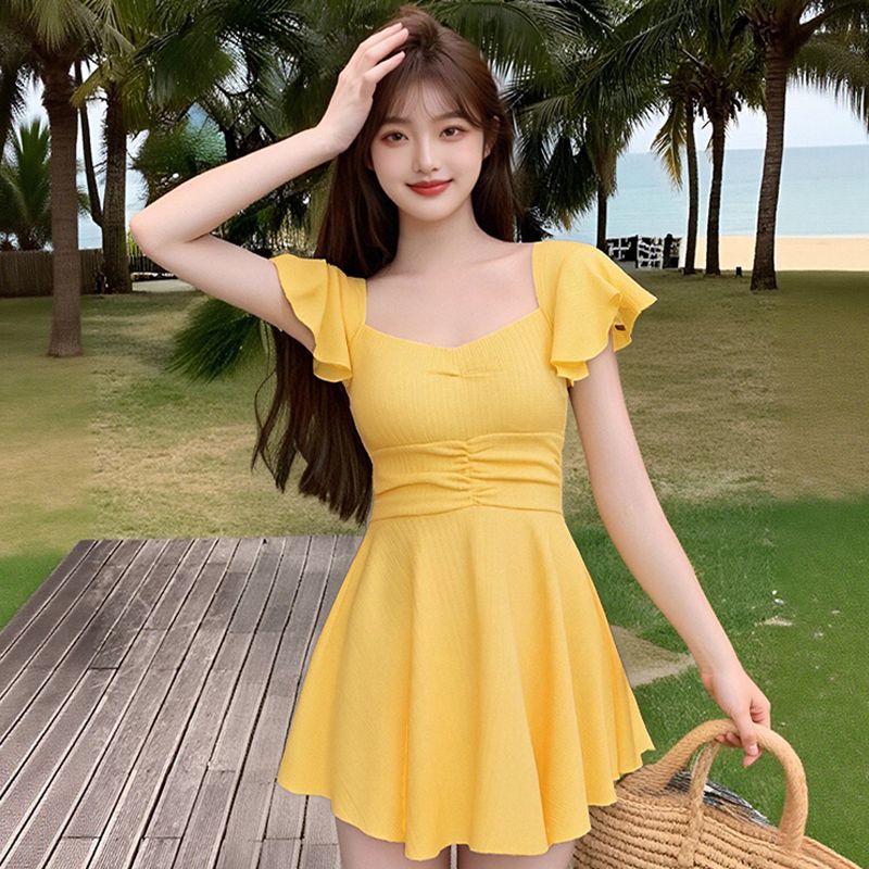 Traje de baño de una pieza para mujer, estilo de falda dulce de color sólido simple de alta gama, delgado conservador, ligeramente gordo, vestido de baño de vacaciones junto al mar