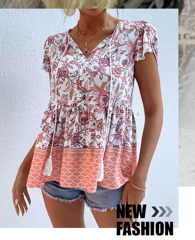 print short sleeve lace-up loose top NSDMB127407