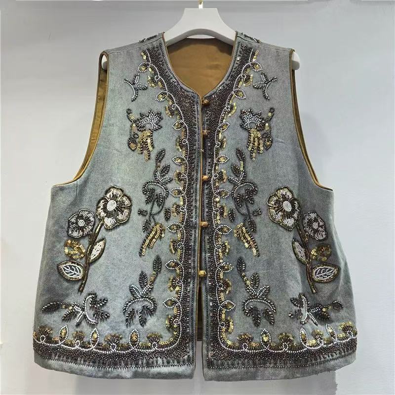 Retro estilo nacional de la industria pesada bordada con cuentas de clavos chaleco de vaquín de cuello redondo vestimenta de mujer plegable alta sensación chaqueta de mujer image 6