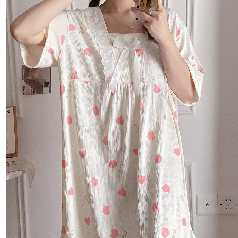 2024 verano cuello cuadrado tela de algodón arrugada delgada mangas cortas dulces pijamas largas niñas ropa de hogar comercio exterior al por mayor