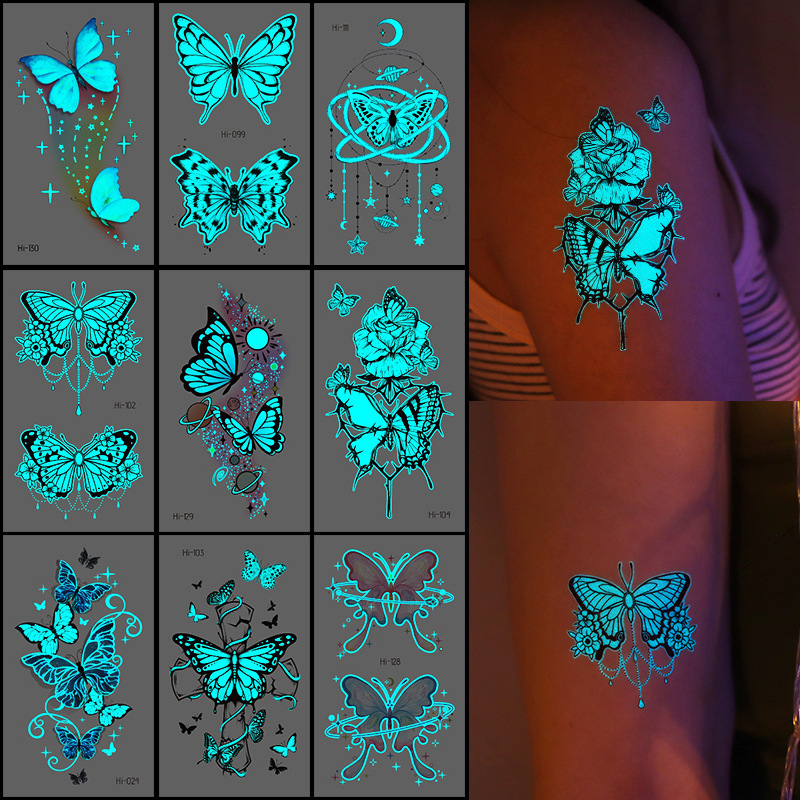 New Cool Butterfly Luminous Tattoo Sticker Waterproof Luminous Cute Cartoon Watermark Sticker for Men and Women Cross-border Supply in stock