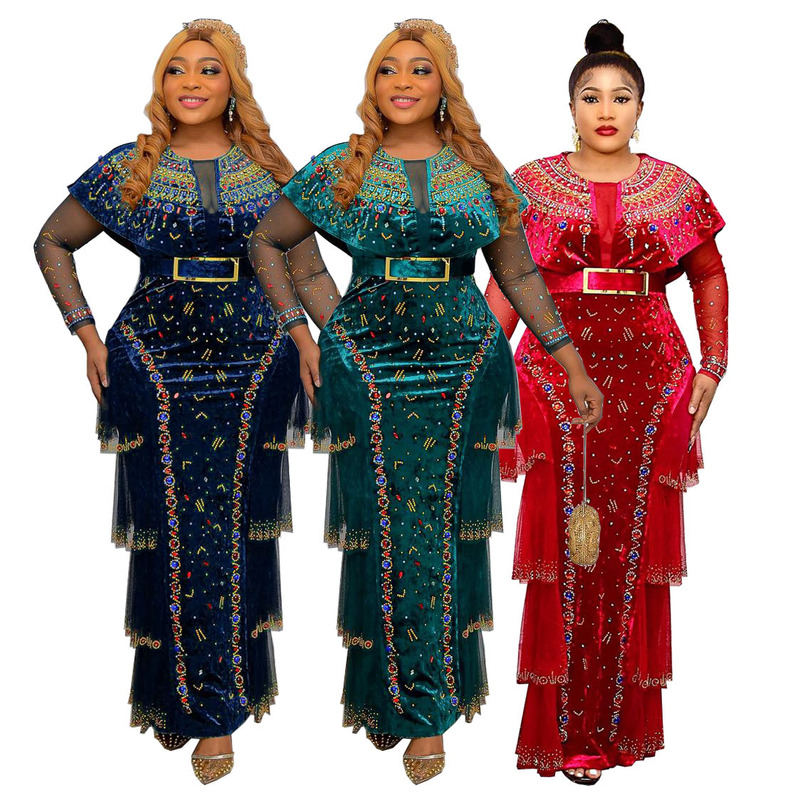 Cross-border source luxury hot drilling nail bead round neck long sleeve dress gold velvet dress African fashion women's clothing