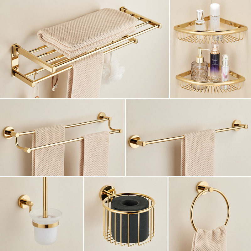 Gold Towel Rack Folding All-Copper Bath Towel Rack Bathroom Punch-Free Bathroom Storage Rack Hardware Pendant Set