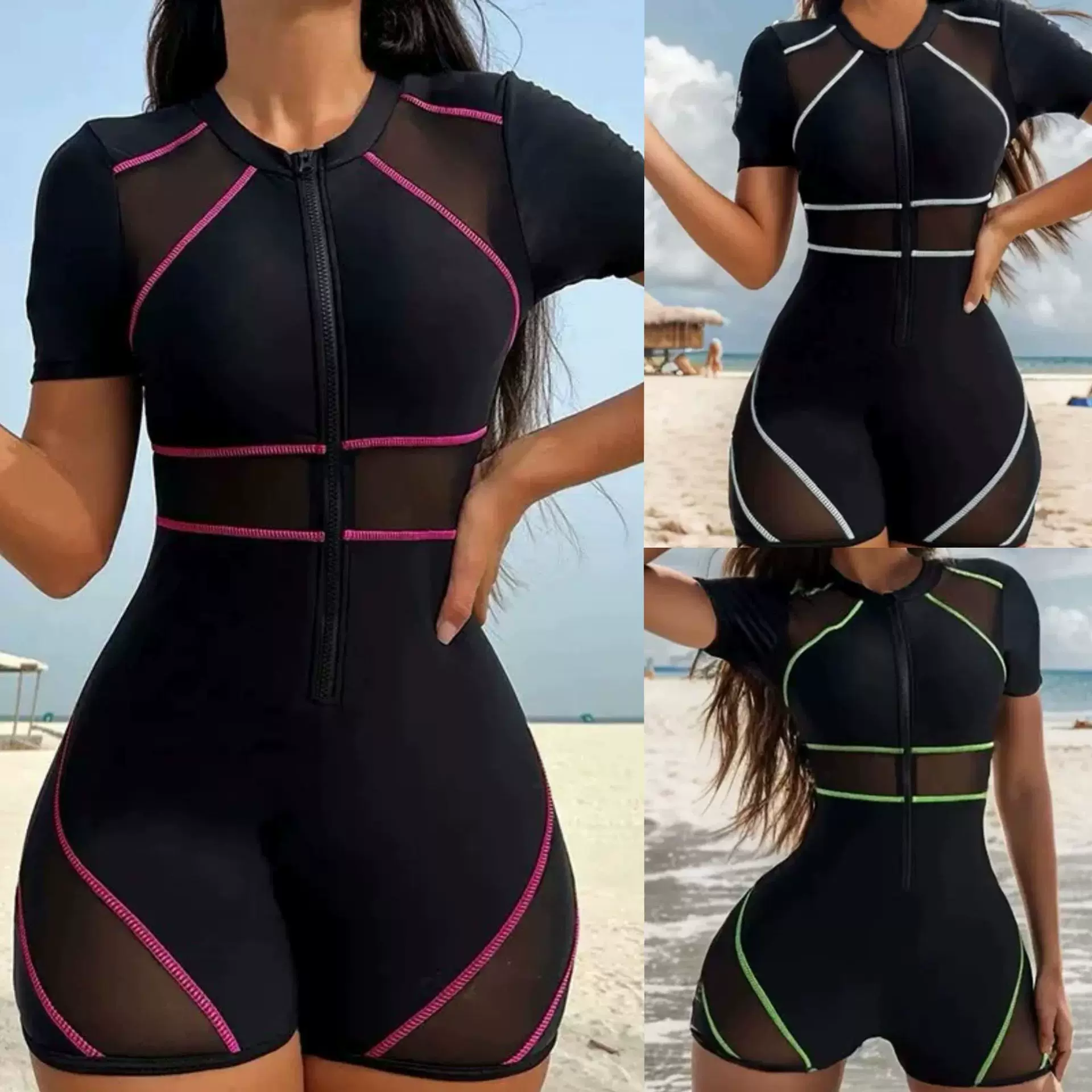 2026跨境运动短袖泳衣拼接欧美连体竞速冲浪服女士泳衣潜水服泳装