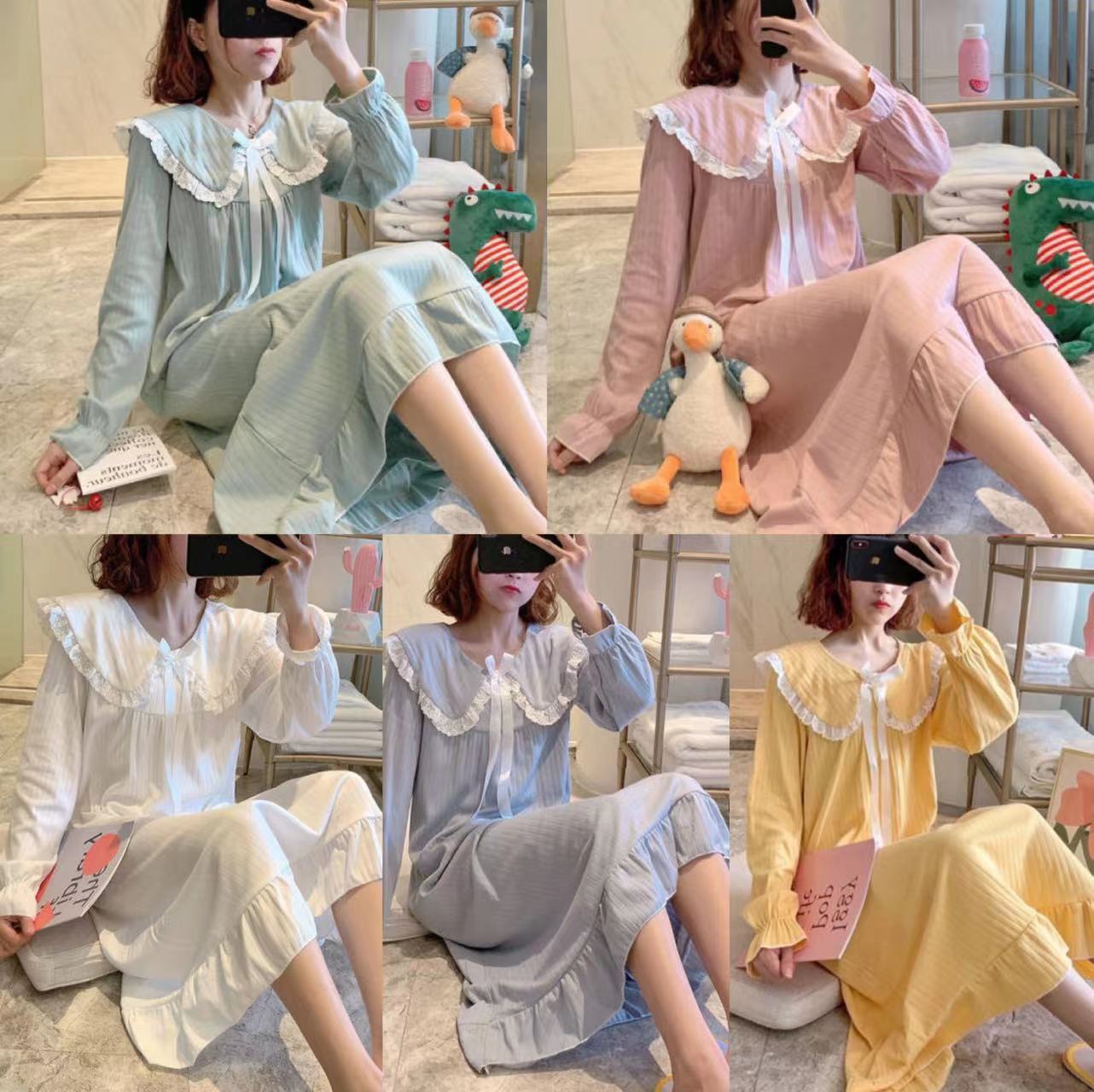 Princesa de primavera y otoño vestido de pijama de mangas largas para mujeres simple cuello de muñeca de color sólido largo arco de encaje de rodilla