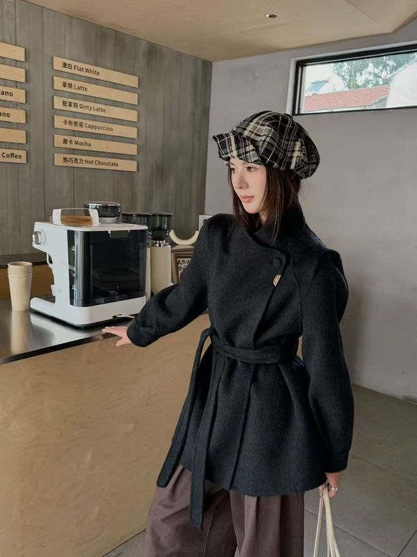 2025秋冬新中款系带立领双面羊绒大衣女高级感显瘦复古羊毛呢外套|undefined
