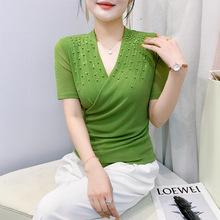 2025夏季新款性感V领网纱T恤女短袖欧货重工钉珠上衣收腰显瘦小衫