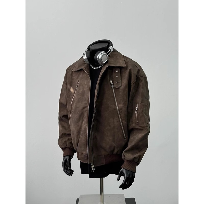 Maillard Brown Leather Jacket Men's Trendy Brand Lapel Short Zipper Motorcycle Jacket American Retro Bomber Jacket Maillard Brown Leather Jacket Men's Trendy Brand Lapel Short Zipper Motorcycle Jacket American Retro Bomber Jacket