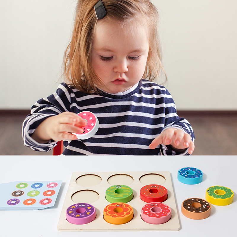 Jardín de infantes de niños Monchi Educación temprana Puzzle Juguetes de madera Donuts juegos cognitivos de color