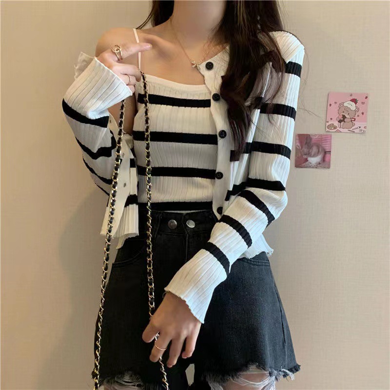 81g Weight Long Sleeve Sleeve Length Single Breasted Placket Type Ice Silk, Polyester Fabric Type Short Top Length Knitwear Tops Type Daily Occasion Round Neck Neckline Slim Fit Type Stripe Pattern Spring, Autumn Season Women's Gender Casual Style Wholesale Women's Ice Silk Polyester Casual Stripe Long Sleeve Sweaters & Cardigans 27