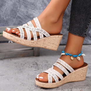 2024 spring new European and American style fashion Rome fashion all-match thick bottom slope heel cross belt heightening laser embroidery thread