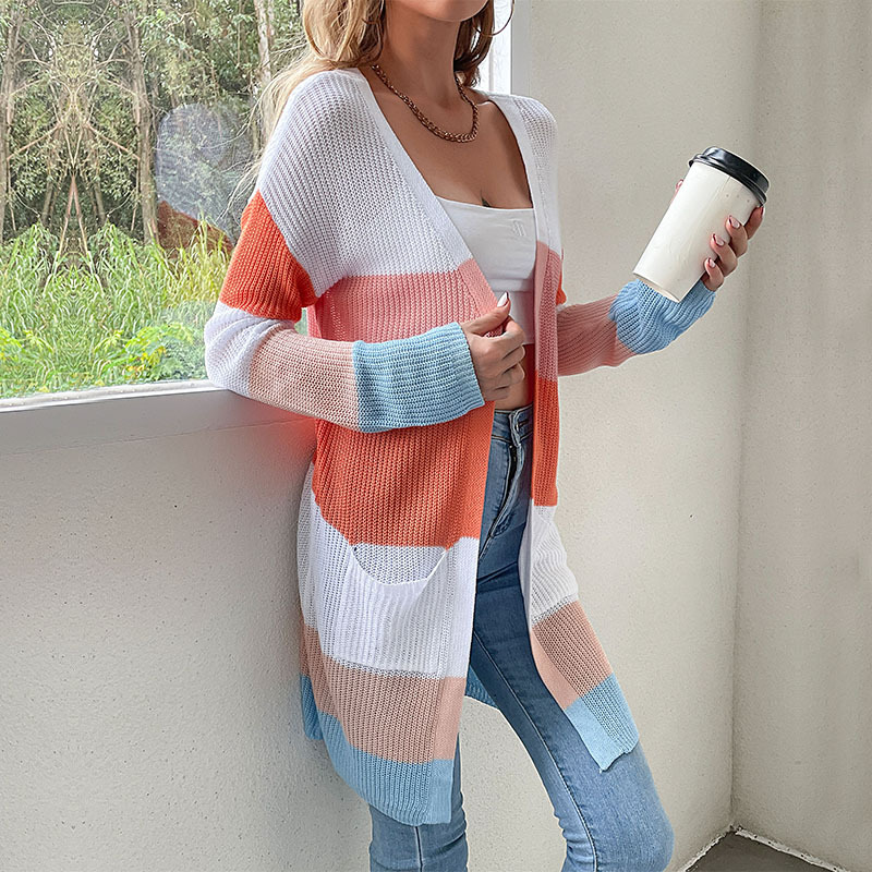 Stripe Contrast Mid-length Japanese knitted Sweater Cardigan_voghion.com