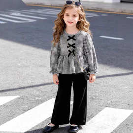 跨境新款Younggirl女童秋冬格子蝴蝶结泡泡袖上衣黑色长裤两件套