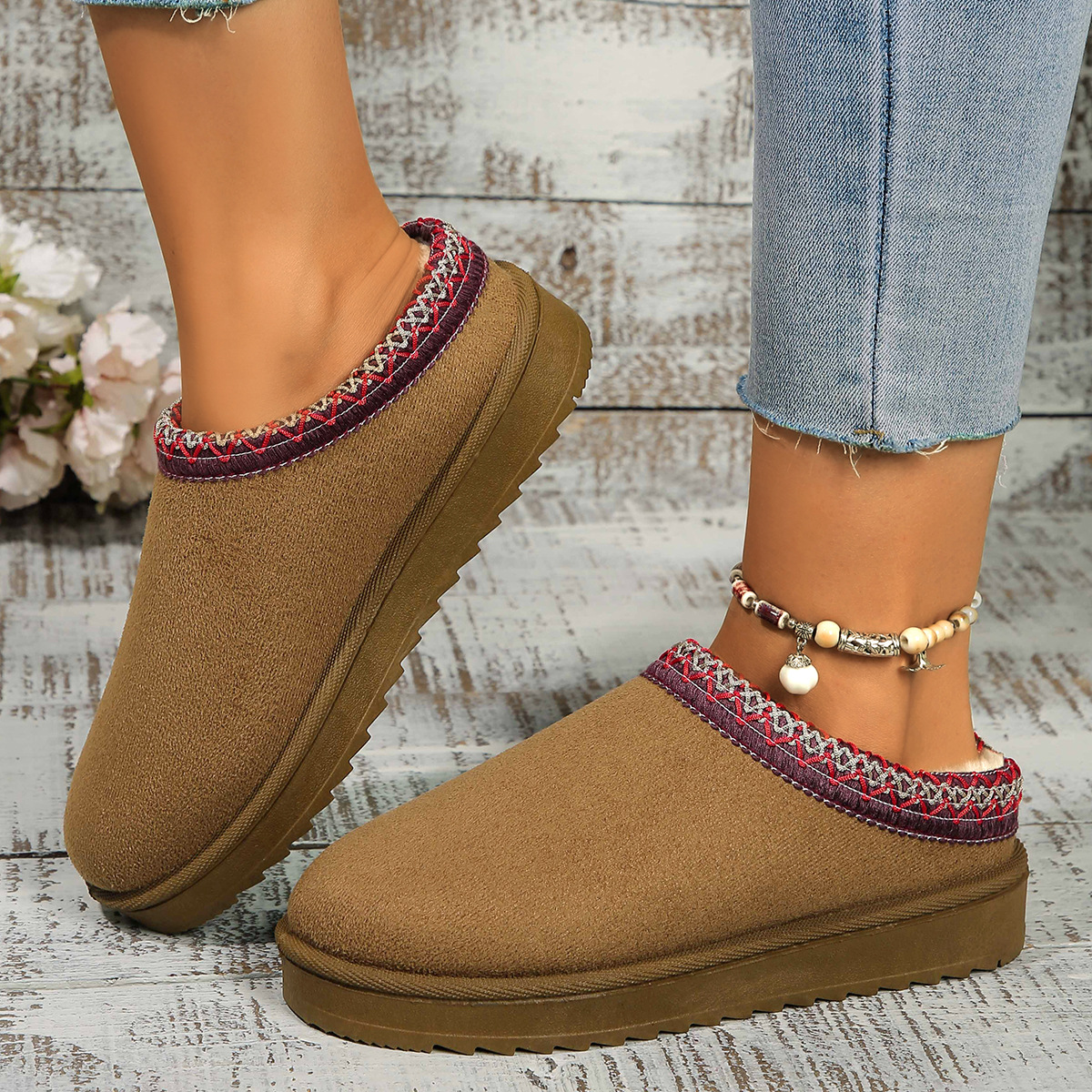 Lace ethnic fashion snow boots women's shoes semi-drag cotton shoes autumn and winter indoor outdoor_viptrois.com