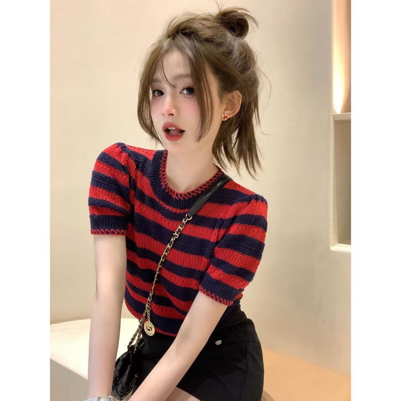 2025 New Summer Striped Representative/Casual and Casual Striped Round Neck Knitted T-Shirt Casual and Easiest for Match