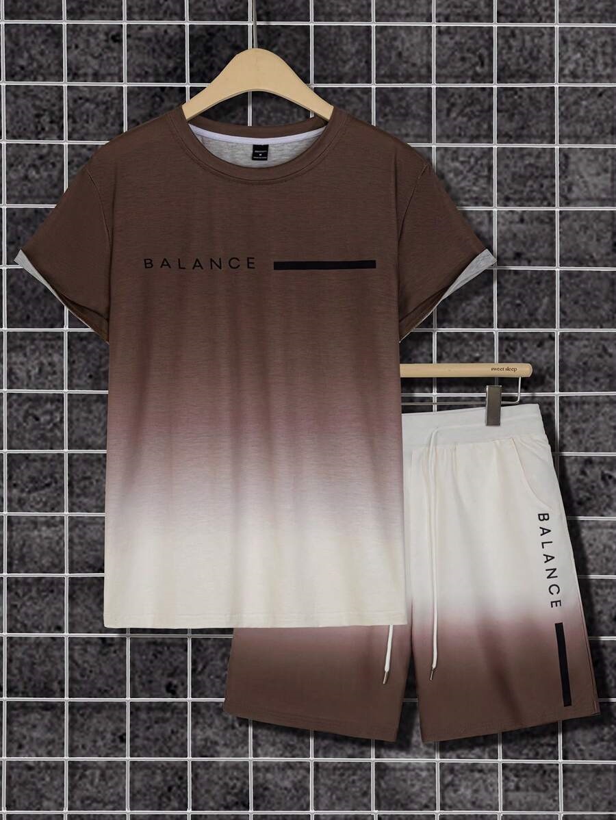 Lema de letras de color degradado estampado 3D traje de hombre camiseta traje deportivo de hombre cuello redondo pantalones cortos con cordón de manga corta