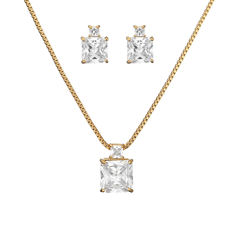 Luxueux Carré Le Cuivre Incruster Zircon Or Blanc Plaqué Femmes Des Boucles D'oreilles Collier display picture 5