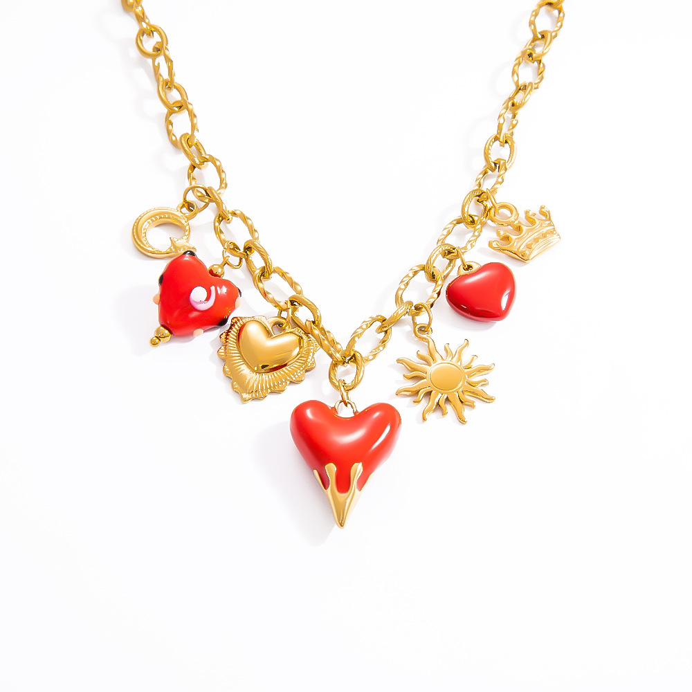 IG Style Style Wholesale Jewelry IG Style Sun Heart Shape Crown 304 Stainless Steel 18K Gold Plated Enamel Plating Pendant Necklace