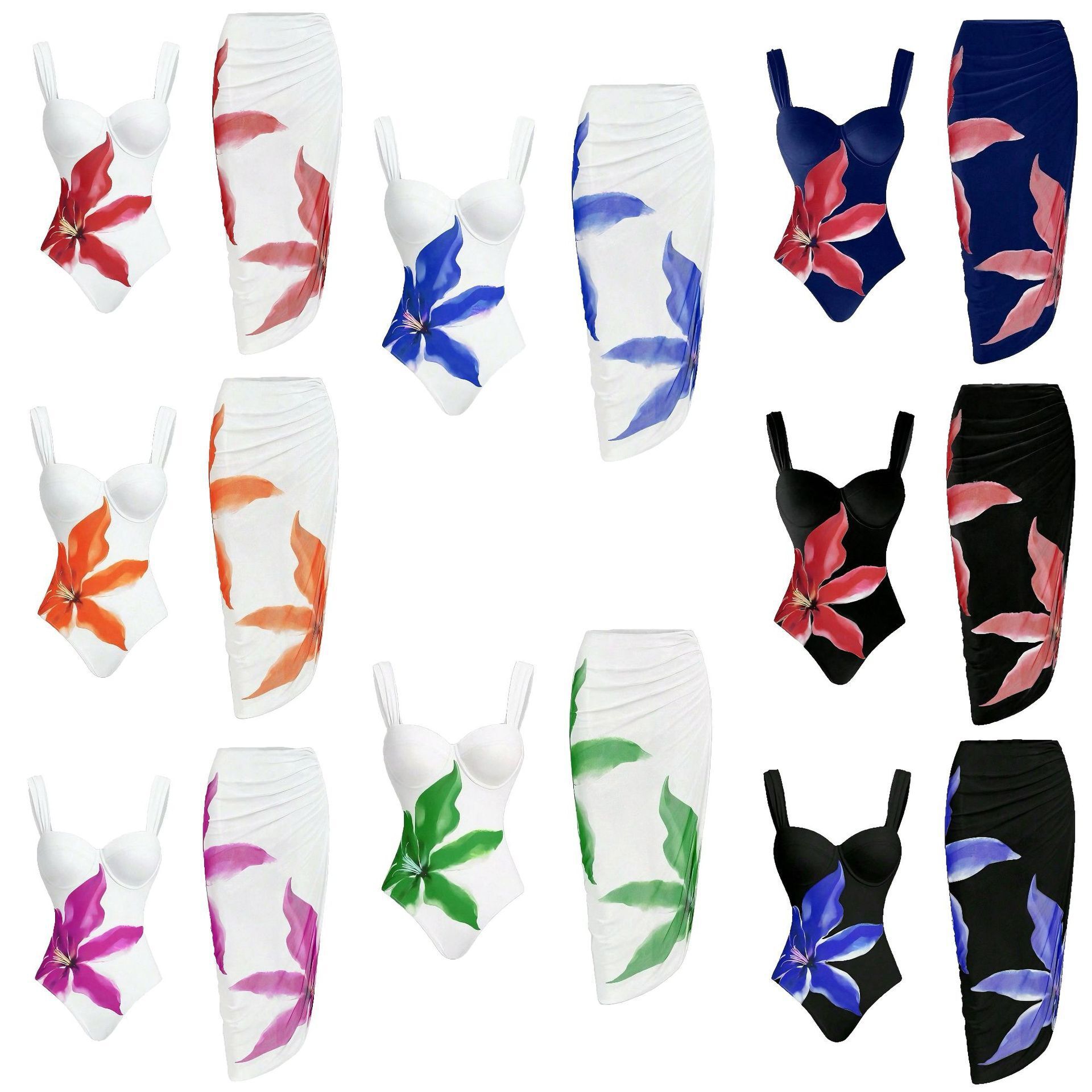 2026速卖通外贸连体比基尼性感吊带花朵印花修身包臀沙滩裙泳装女