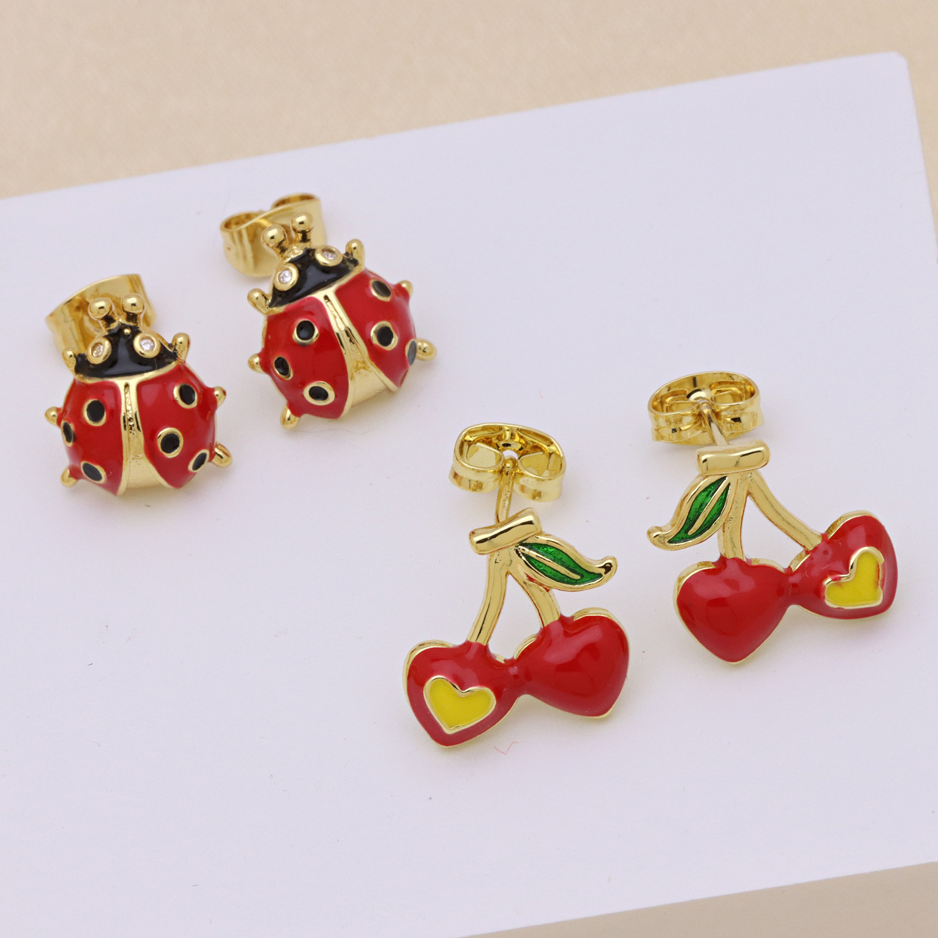 5g Weight Brass Ear Needle Material 1 Pair Vintage Style Classic Style Cherry Ladybugs Enamel Copper Ear Studs