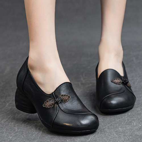  Fall New Women's Casual Single Shoes with Rough Medium Heel, Soft Sole, Washed Top-Grained Soft Calfskin Deep Slip-On Shoes