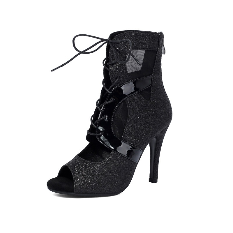 Jazz Dance High Heels with Cut-Out Straps, Fine Glitter Mesh Stitching, Short Boots, Peep-Toe Sandals, Heels, Dance Shoes