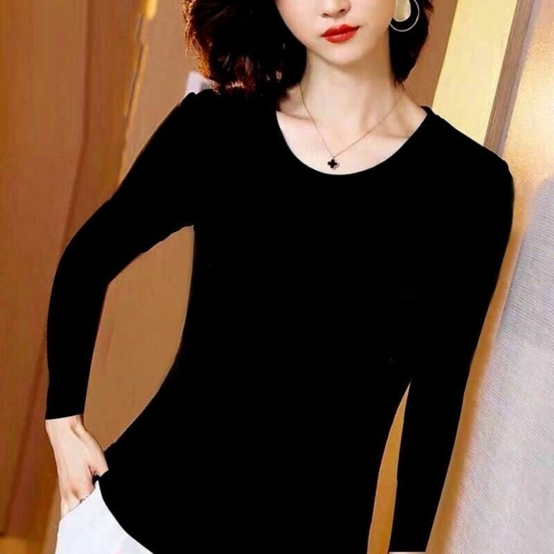Modal Long-Sleeve Base Shirt for Women, Round Neck, Solid Color Top, Regular Shoulder Fit, Slimming, Thin Style for Spring and Autumn, Inner Layer T-Shirt