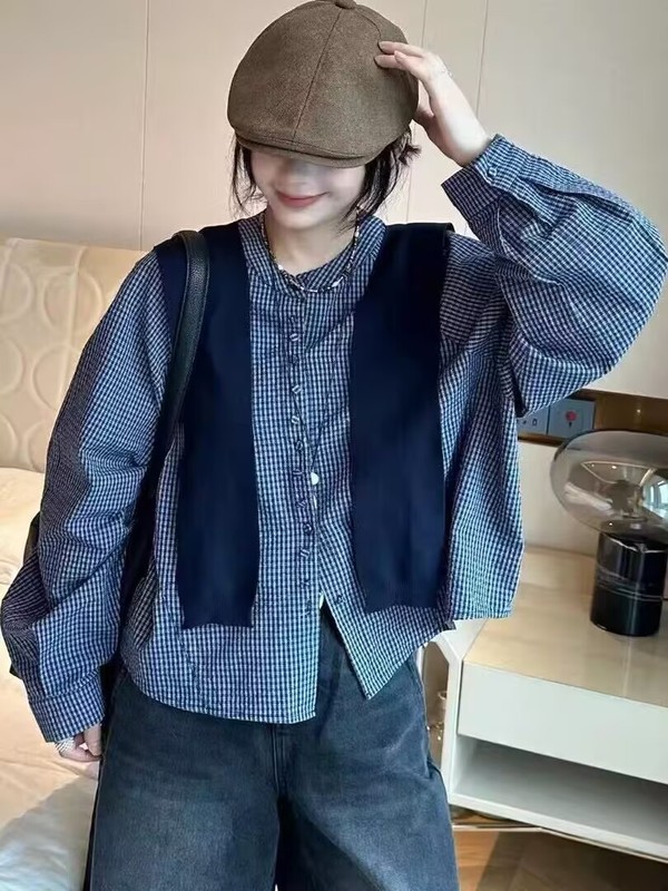 2025秋新款配披肩格子长袖两件套衬衫女休闲宽松显瘦短款衬衣上衣|undefined