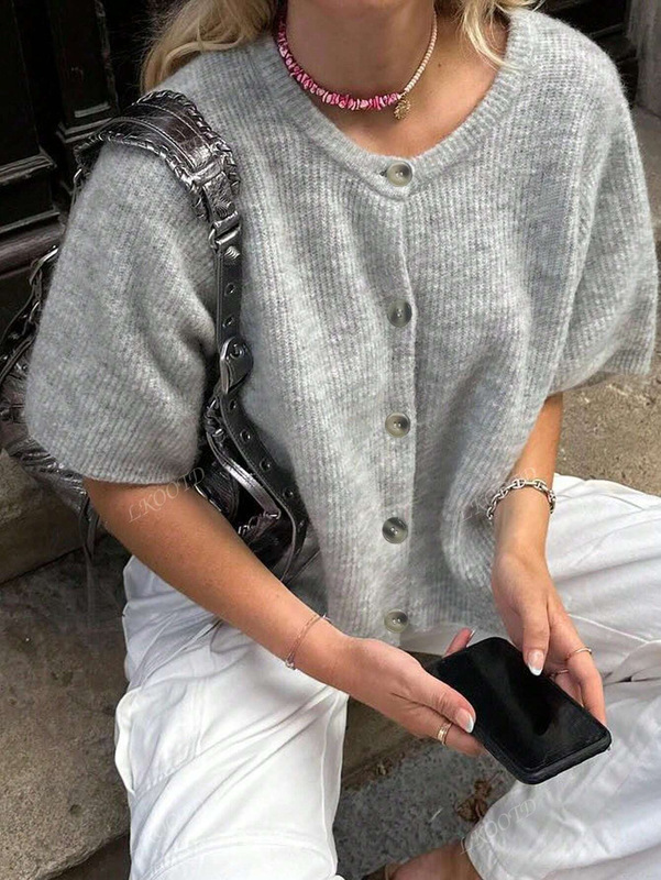 欧式女士新款开衫短袖针织衫纯色半开领纽扣毛衣女|undefined