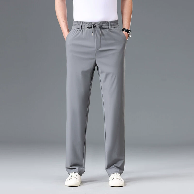 Летние мужские брюки для бизнес-кэжуал 2025 года, высокая эластичная тонкая резинка на талии, прямой крой, универсальный серый и черный цвета
