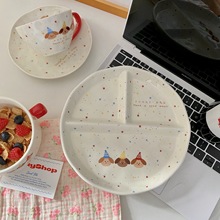 ins风韩式波点小狗盘子创意家用菜盘分格餐盘米饭碗可爱陶瓷杯碟