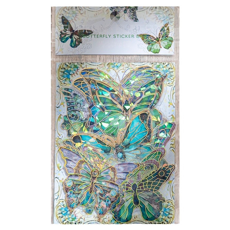 PET láser estereoscópico oro pegatinas bolsa mariposa retrógrada cuentas de mano tarjeta de flujo lino material cuentas de mano DIY pegatinas decorativas