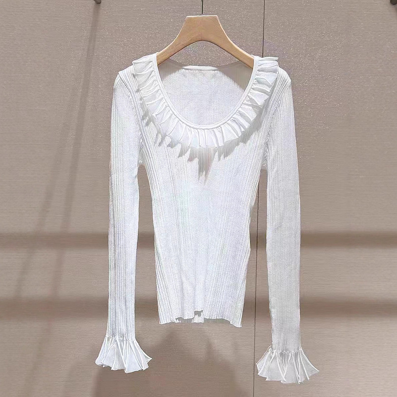 Light Luxury Top 2026 Early Spring New Style Ruffled Round Neck Long-Sleeved White Slimming and Elegant Base Knit Sweater for Women