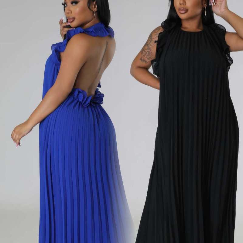 HX0245 europeo y americano transfronterizo de las mujeres plisado Halter oído de madera manga lado backless elegante playa vestido romántico