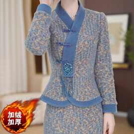 新品 新中式国风假两件连衣裙冬季时尚洋气加绒保暖遮肉显瘦裙子