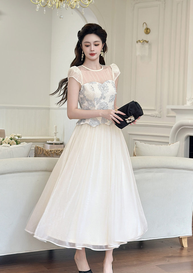 Váy lưới giả hai mảnh thiết kế cổ tròn ôm vừa vặn kiểu Pháp — xanh xám chi tiết 9