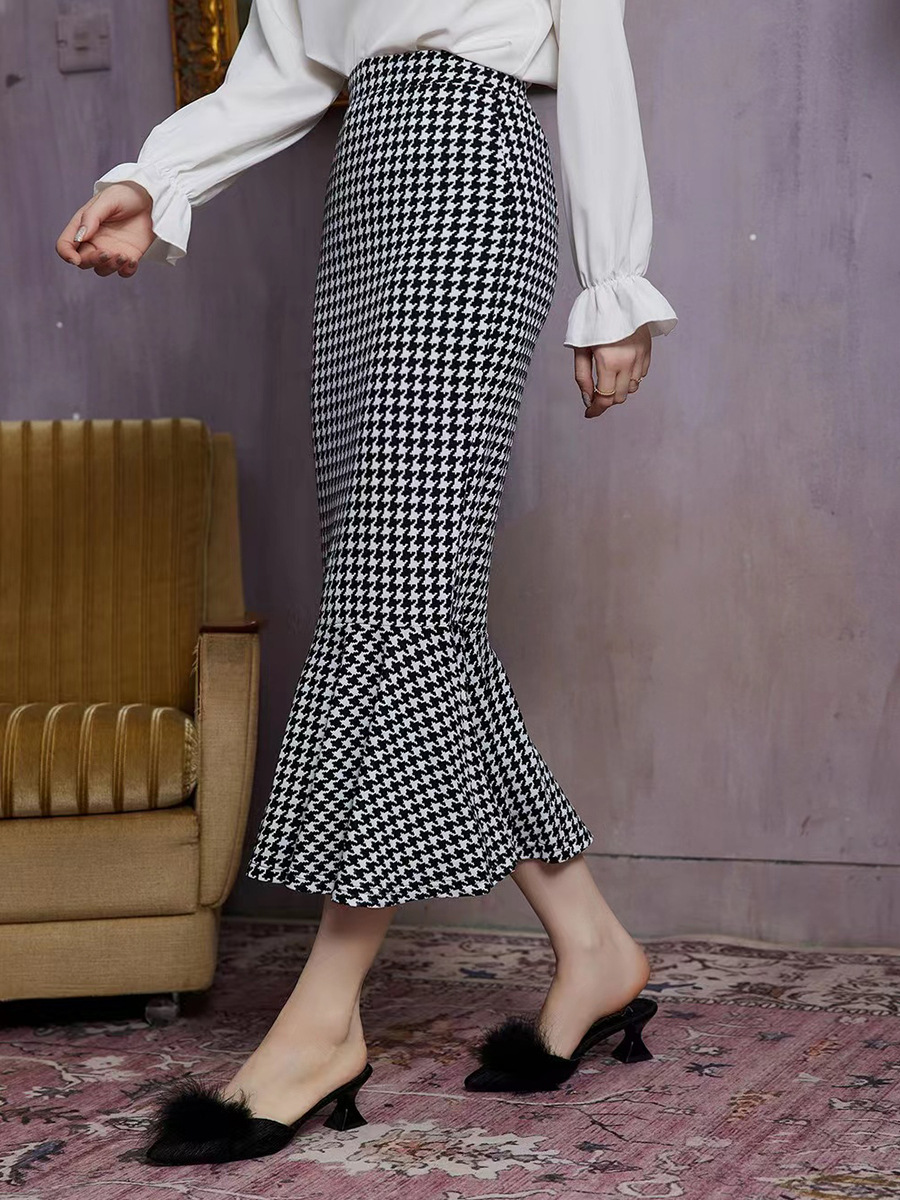 Houndstooth Knit Mid Length High Waist Fishtail Sheath A Line Skirt - Skirts - Uniqistic.com