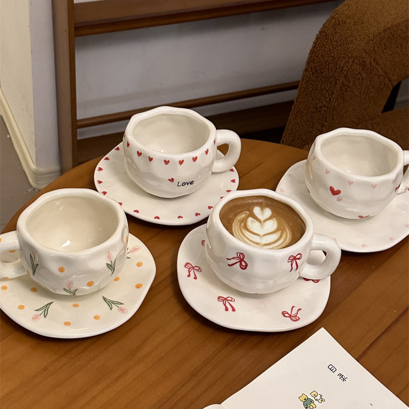 Korean ins Style Retro Flower Ceramic Cup and Saucer, Hand-kneaded Asymmetrical Coffee Cup and Saucer, Afternoon Tea Cup and Saucer
